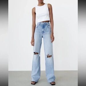 Zara Full Length Ripped Wide Leg Jeans